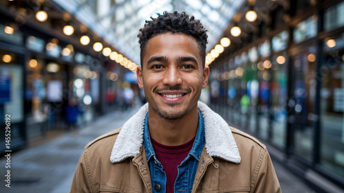 Smiling young man in a brown jacket stands in a shopping arcade