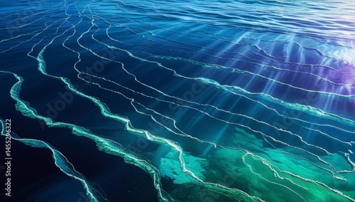 Underwater seascape with sunbeams illuminating the ocean floor textures and patterns