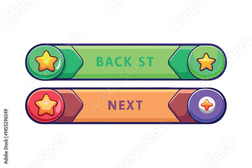 back and next buttons with stars and colorful designs, ideal for navigation or game interface elements in mobile apps