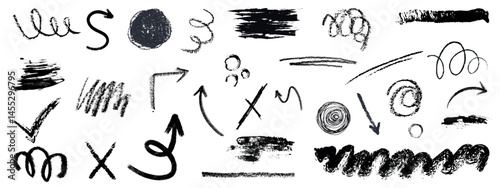 Brush line shape background abstract texture paint set. Crayon marker scribble sketch stroke arrow element line brush hand drawn design. Abstract arrow, geometric shape, zigzag vector illustration.