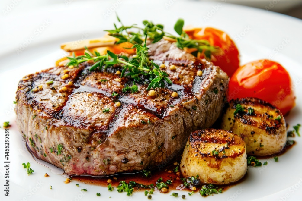 Juicy grilled steak with seared scallops and fresh cherry tomatoes garnished with herbs on a white plate for a delicious gourmet seafood and steak dish presentation Juicy grilled steak with seared scallops and fresh cherry tomatoes garnished with herbs on a white plate for a delicious gourmet seafood and steak dish presentation