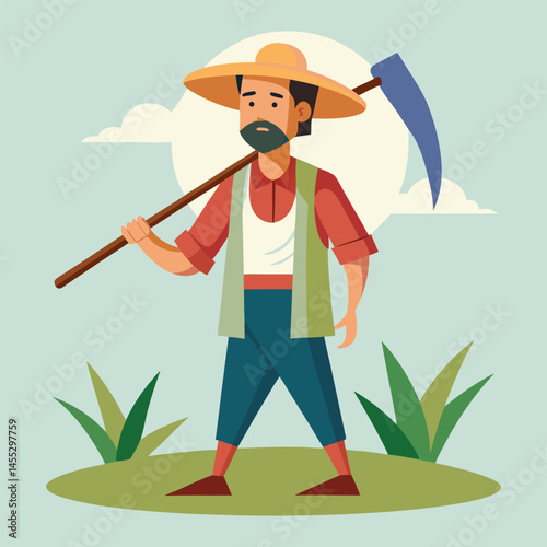A farmer with scythe in his hand and a towel on his head vector