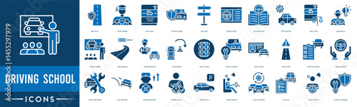 Driving School icon. Road Safety, Driver Training, Traffic Rules, Defensive Driving, Road Signs, Driving Lessons, Driver Education and Vehicle Control