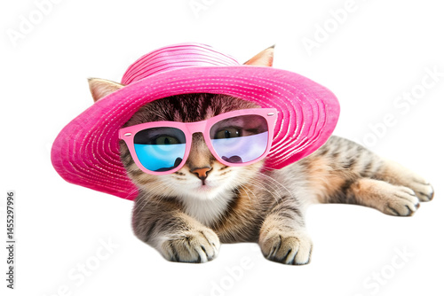 Isolated Kitten with Sunglasses and Pink Hat Relaxing Illustration Photo