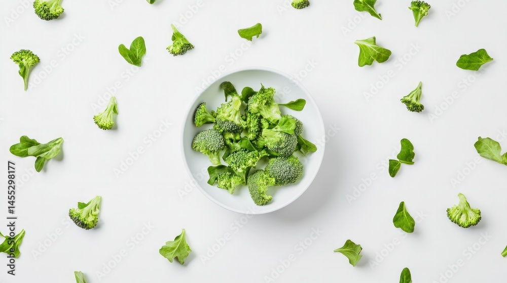 Obraz premium Fresh Broccoli Florets in a White Bowl on a Light Green Background with Loose Pieces, Healthy Raw Vegetables for Cooking, Snacking and Nutrition