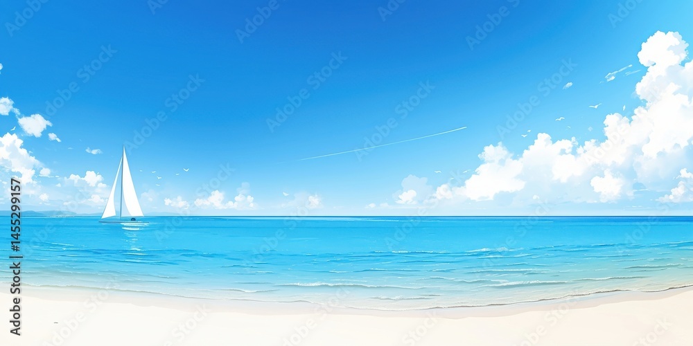 Obraz premium Serene Beach with Sailboat in a Clear Blue Sky, perfect for summer promotions and travel posters