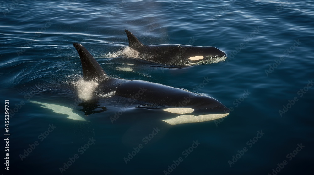 Fototapeta premium Two orcas gracefully swim in deep ocean waters.
