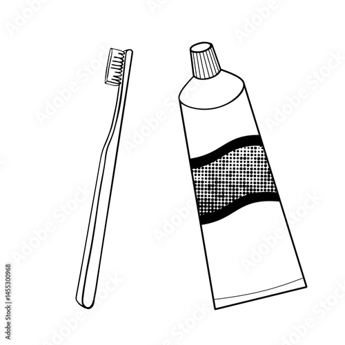 toothbrush and toothpaste black and white vector illustration