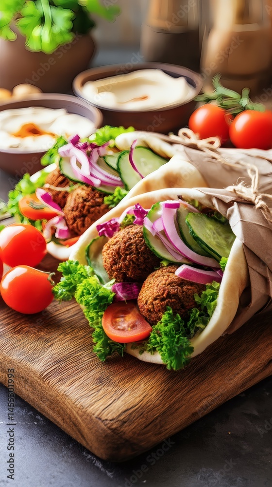 Loaded Falafel Pita Wraps with Red Onions, Cucumber and Tomato on Wooden Board Loaded Falafel Pita Wraps with Red Onions, Cucumber and Tomato on Wooden Board