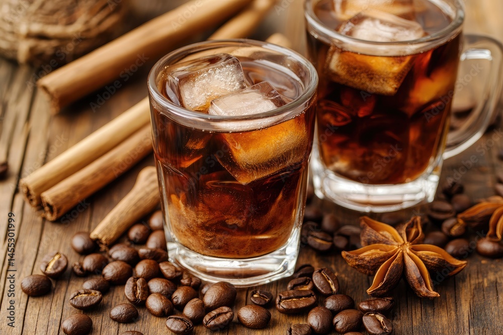 Two chilled drinks with ice, spices, and coffee beans Two chilled drinks with ice, spices, and coffee beans