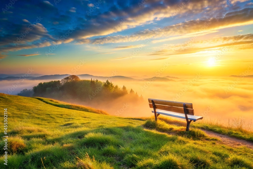 Relaxing mountain scene with a bench overlooking a hill with a stunning sunrise and rolling mist in the valley below, perfect for tranquility Relaxing mountain scene with a bench overlooking a hill with a stunning sunrise and rolling mist in the valley below, perfect for tranquility