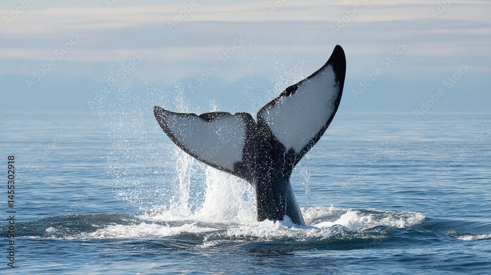 Fototapeta premium Oceanic whale tail emerging from water.