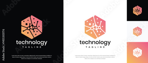 Technology connection hexagon logo design. Technology connection logo template. Technology logo symbol icon	