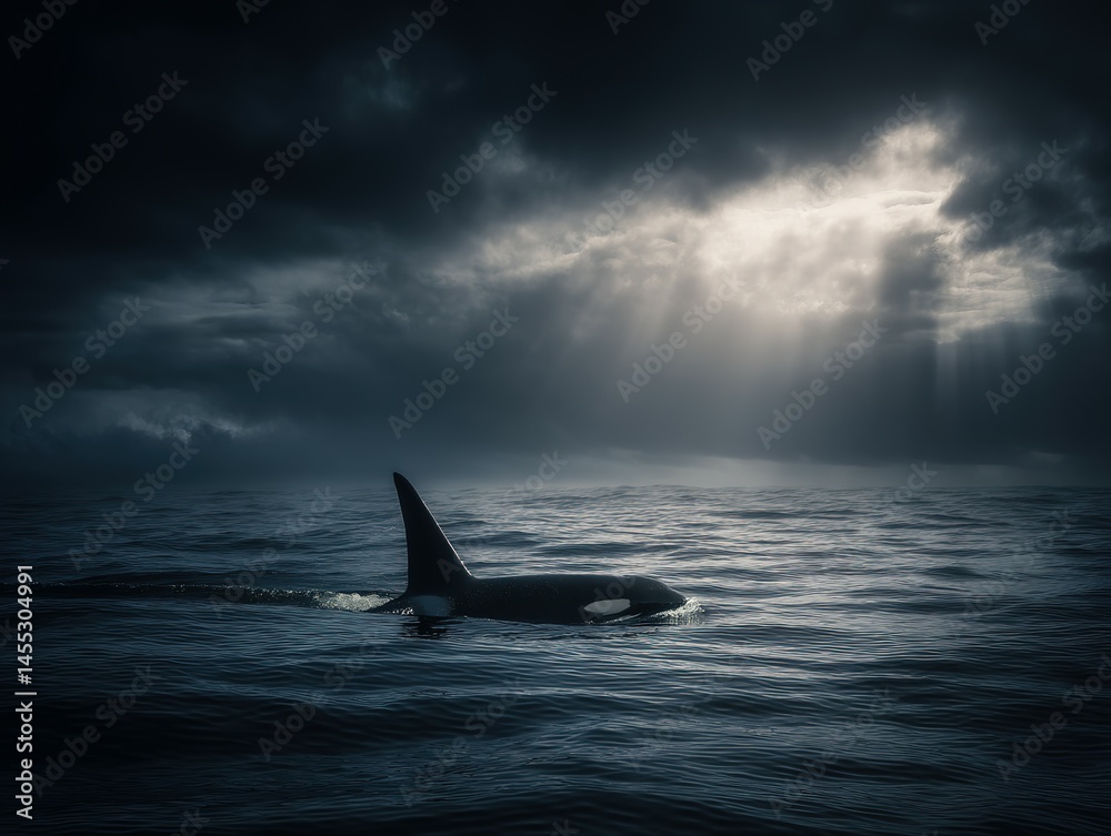Fototapeta premium Majestic orca navigating stormy ocean waters.
