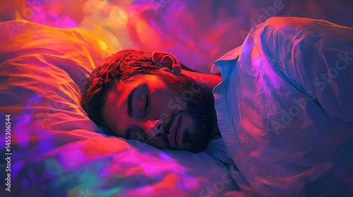 Man sleeping in bright light. [Neon Fables] | Fluorescent Dreams | vivid sleep. Illustration