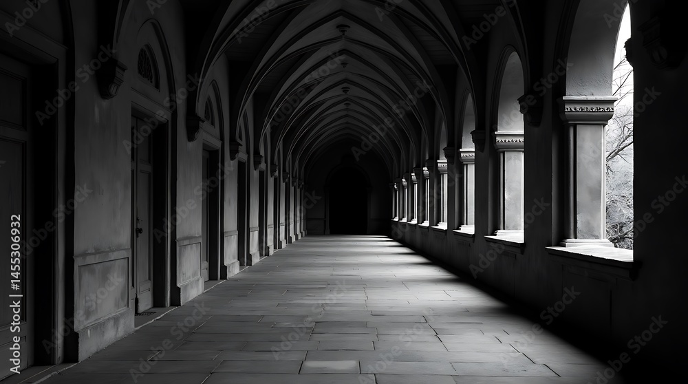 Obraz premium Architectural Corridor in grayscale with vaulted arches and diminishing perspective