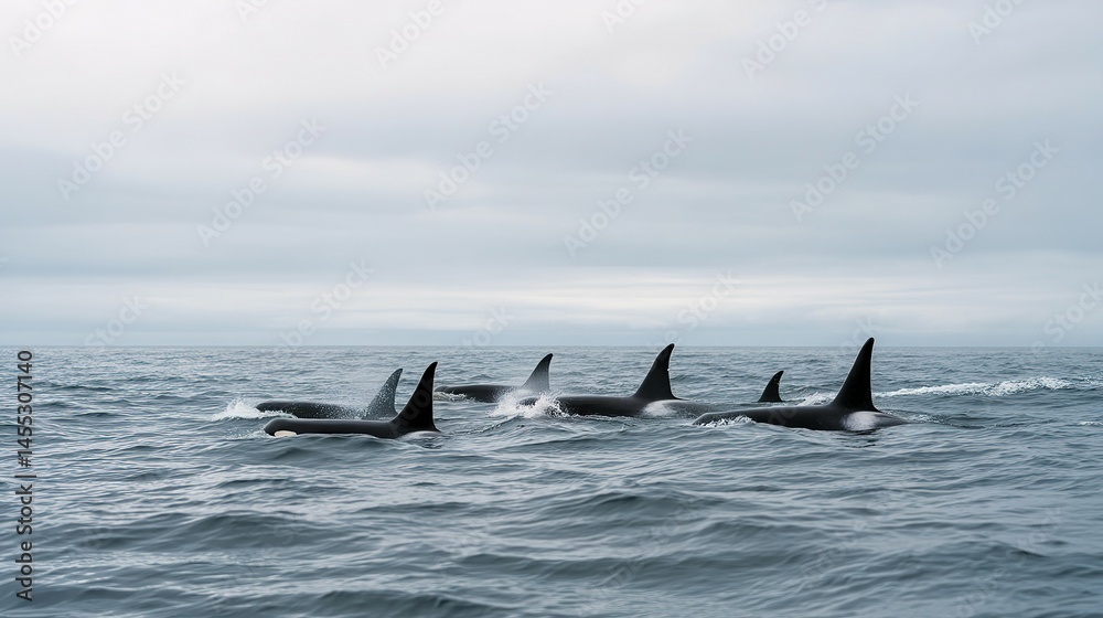 Fototapeta premium Oceanic orcas in a calm, overcast sea.