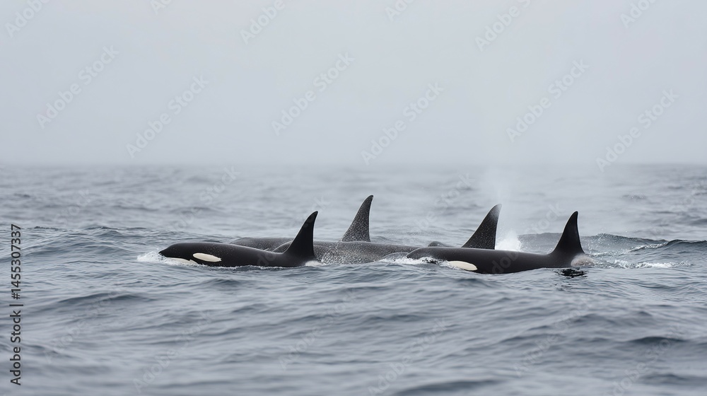 Fototapeta premium Oceanic predators swimming in a misty sea.