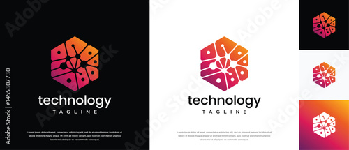 Technology connection hexagon logo design. Technology connection logo template. Technology logo symbol icon	