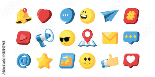 Social media element collection in 3d flat style. Bell notification, emoji, likes symbol, hastags.