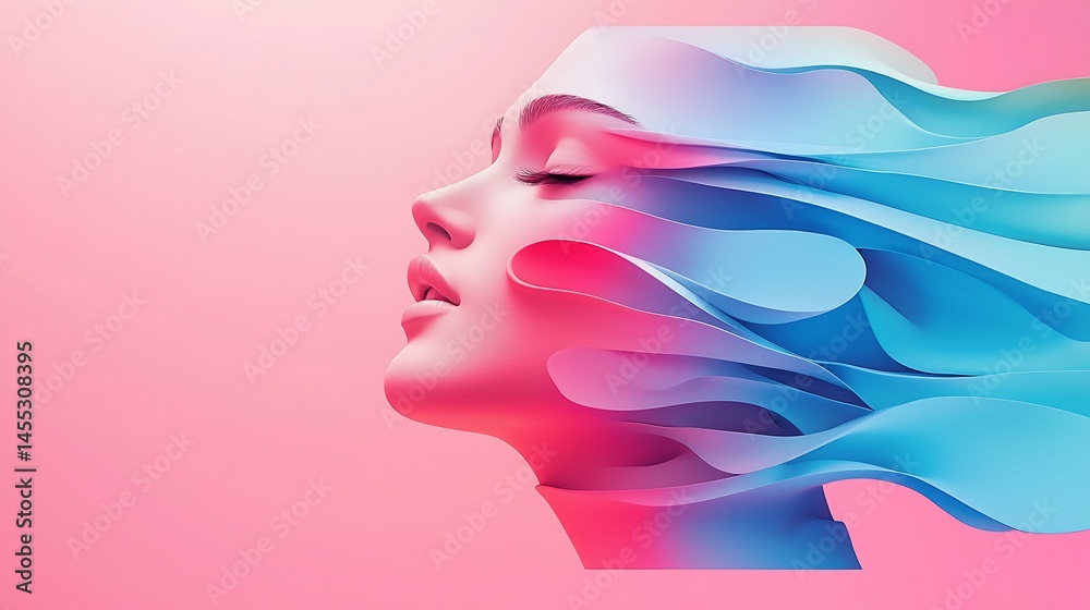 Abstract Profile of a Woman with Flowing Blue and Pink Hair Abstract Profile of a Woman with Flowing Blue and Pink Hair