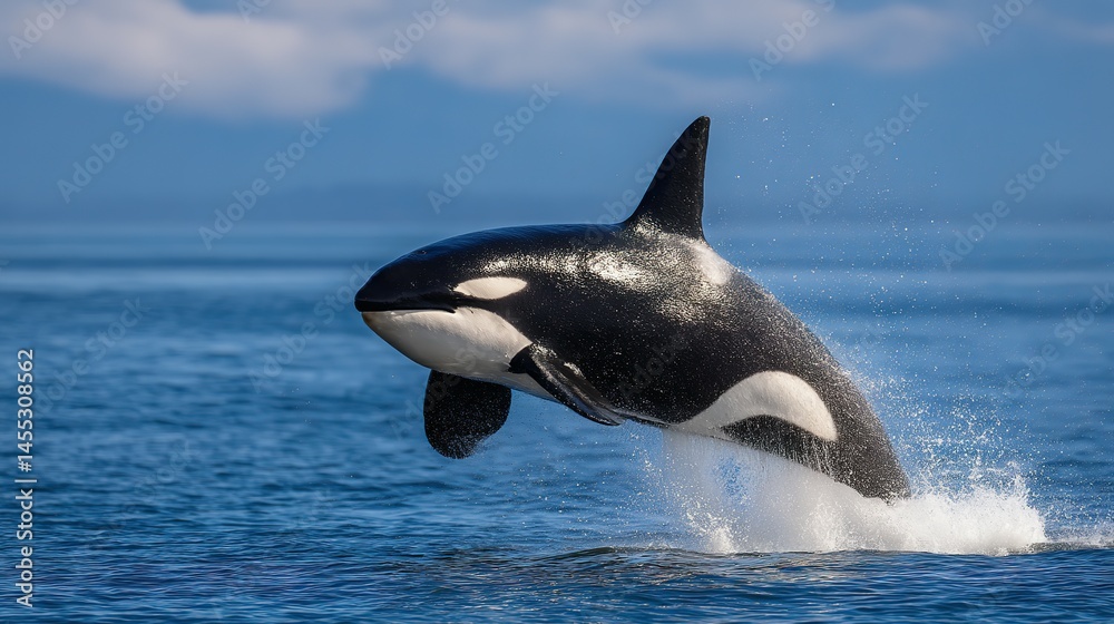 Naklejka premium Majestic orca leaping gracefully above the ocean waves.