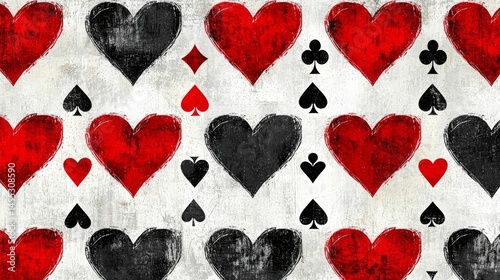 Seamless Hearts Playing Card Suit Pattern Grunge Black, White and Red Design for Valentine's Day - Tileable Wallpaper Ideal for Gaming and Poker Backgrounds