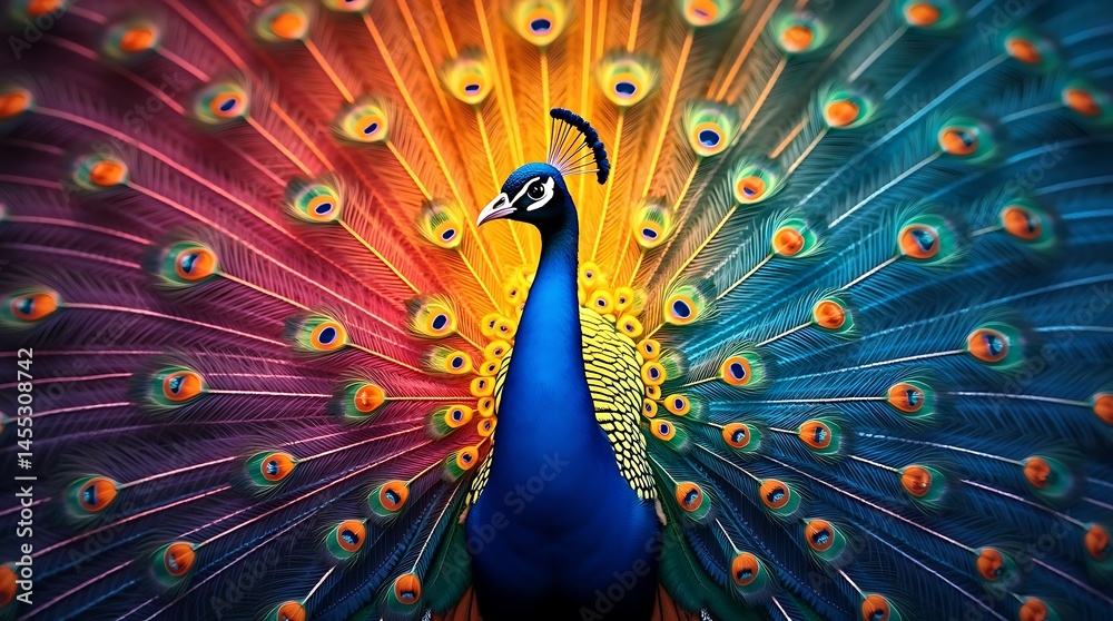 Fototapeta premium Vibrant peacock plumage displaying kaleidoscopic fan of intense colorations