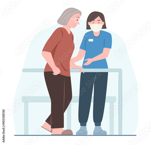 Physiotherapist Doctor Rehabilitates Elderly Woman Patient for Doing Walking Exercises for Rehabilitation and Healthcare Concept Illustration