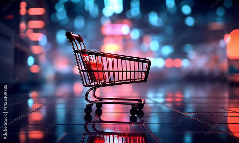 Digital shopping cart on a glowing city background, digital illustration, stock photo, in the style of red and blue color theme. Digital shopping cart on a glowing city background, digital illustration, stock photo, in the style of red and blue color theme.