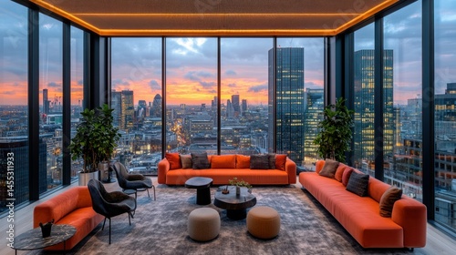 London skyscraper sunset lounge interior view