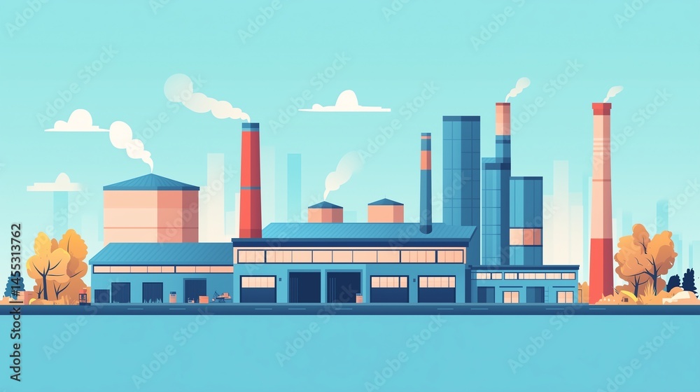 Obraz premium Flat Design Industrial Site Buildings - Minimalist Front View Factory Concept