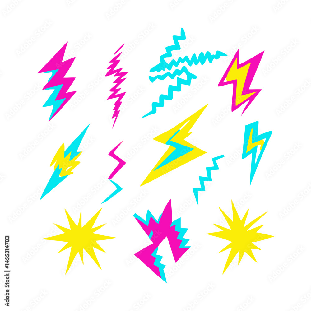 Neon Lightning Bolts And Starbursts Retro Style Vector Illustration Isolated On Black Neon Lightning Bolts And Starbursts Retro Style Vector Illustration Isolated On Black