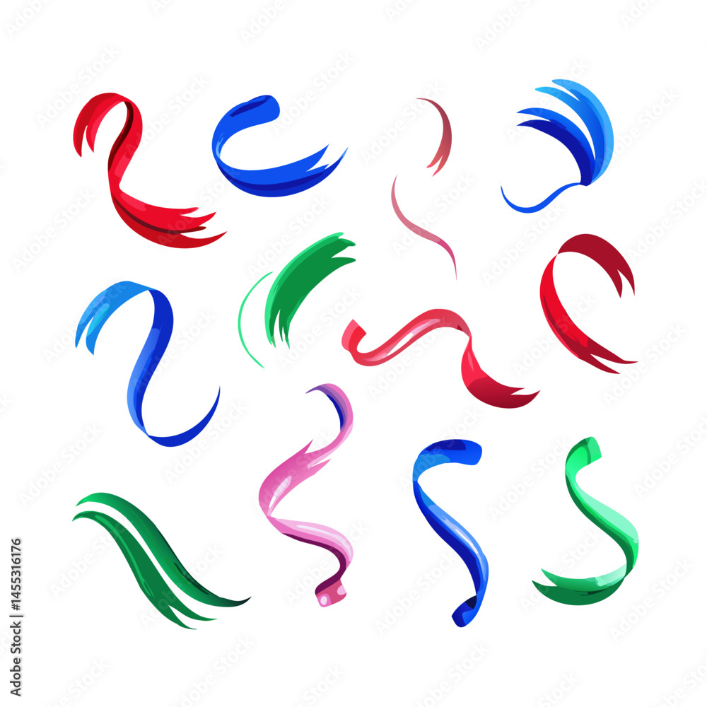 Fototapeta premium Colorful Ribbon Streamers Celebration Elements On Black Background Festive Vector Illustration