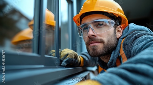 Focused Construction Worker Inspecting Window Installation