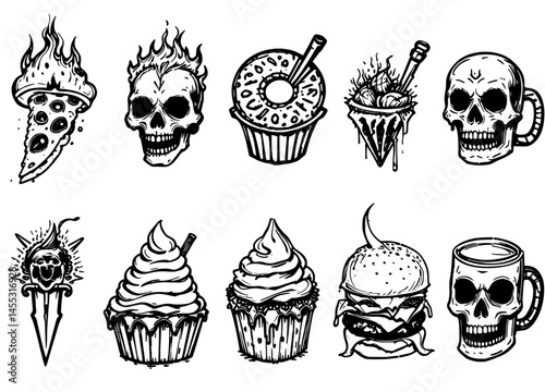 Spooky black and white designs featuring pizza, skulls, cupcakes, burgers, and other dark vector illustrations