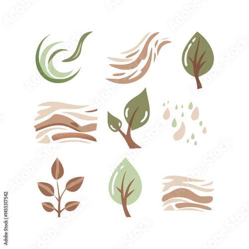 Minimalist Nature Set With Leaves Trees And Abstract Earth Tones On Black Background