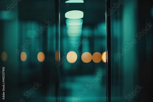 Blurred view of a dimly lit interior through glass panels.  Soft focus, teal and amber lights, bokeh effect photo