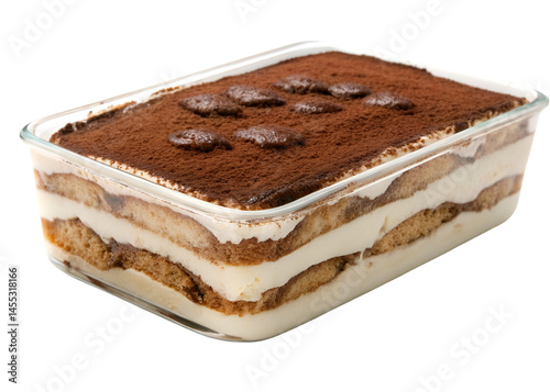 Classic tiramisu dessert with layers of ladyfingers and mascarpone cream isolated on transparent background.
