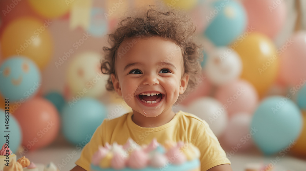 Fototapeta premium happy birthday moment with a laughing child in front of a pastel-themed cake table with decorations