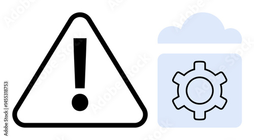 Triangle alert sign alongside cloud storage icon with gear highlights system maintenance, error notification, or security issue. Ideal for technology, software, updates, troubleshooting, system