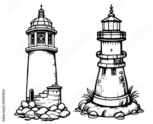 Whimsical lighthouses stand majestically rendered in artistic monochrome ink, evoking coastal navigation and nautical adventures at the seaside.