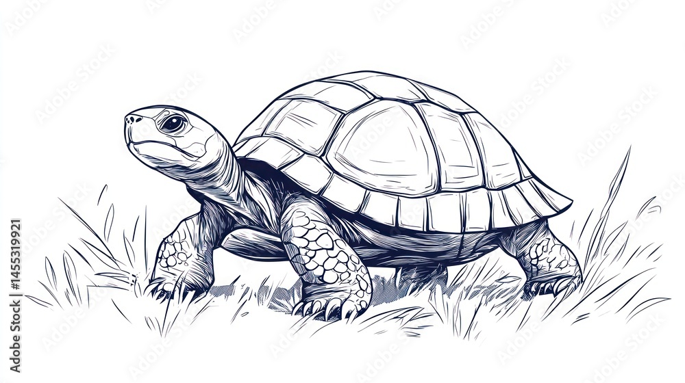 Fototapeta premium Turtle walking in grass, line art illustration, nature