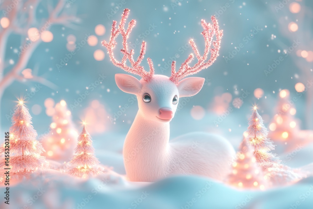 enchanting winter wonderland scene featuring a delicate pink deer with sparkling antlers among snow-covered trees and soft bokeh lights enchanting winter wonderland scene featuring a delicate pink deer with sparkling antlers among snow-covered trees and soft bokeh lights