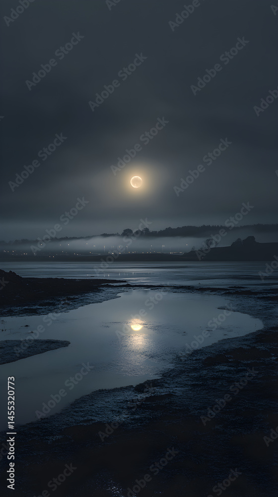 Fototapeta premium Calm Enchantment: The Quiet Beauty Beneath an Overcast Night Sky with Reflected Moonlight