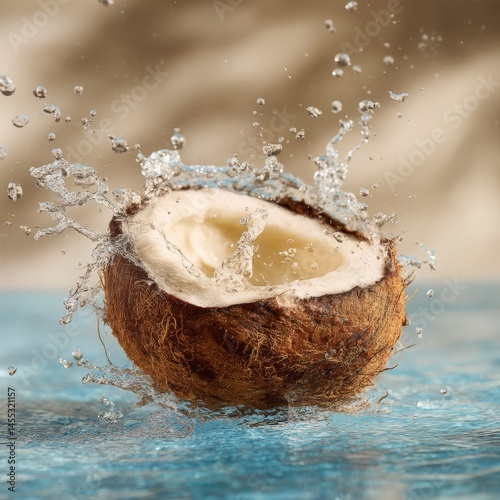 Closeup of a Brown Coconut with Water Splashing on a Blue Surface