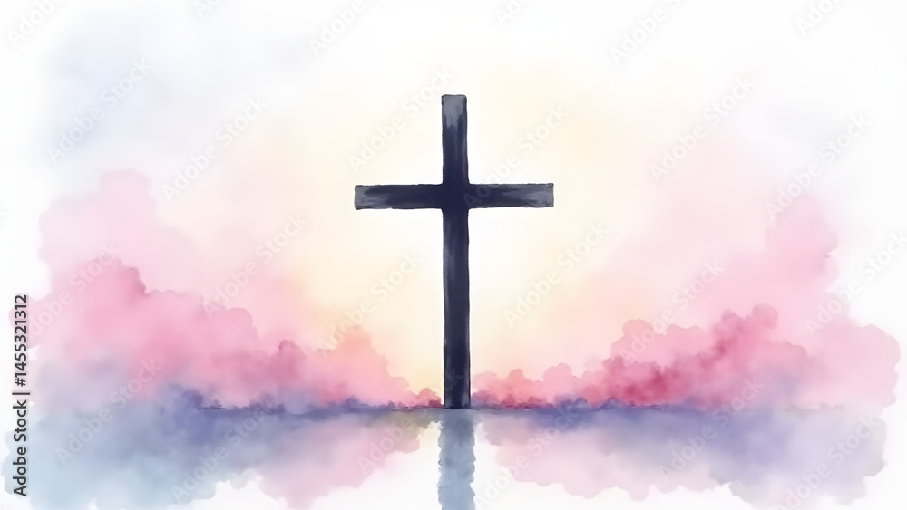 Obraz premium Peaceful watercolor cross against pastel dawn sky. Soft pink, blue, and lavender blend with wispy clouds, symbolizing faith and renewal. Minimalist and serene.