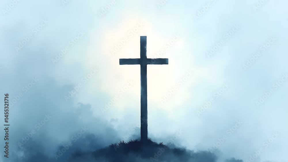 Misty blue-gray watercolor cross with soft halo light. Minimalist, cool tones evoke quiet morning fog and spiritual reflection. Misty blue-gray watercolor cross with soft halo light. Minimalist, cool tones evoke quiet morning fog and spiritual reflection.