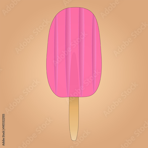 Summer vector illustration of juicy pink ice cream on a stick on beige gradient background. Appetizing fruit ice. Perfect for Summertime and food themed designs.