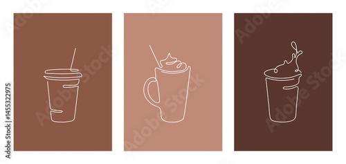 Flower wall art set, minimalist single white line drawing of iced coffee on shades of brown background